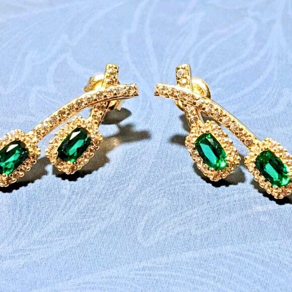18k Gold Over 925 Silver Emerald & White Sapphire Drop Earrings - Picture 5 of 9